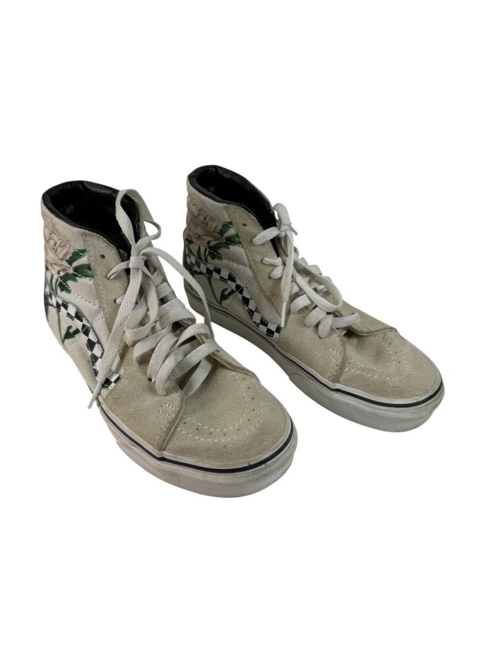 Vans Women's 7 Sk8-Hi Checker Floral Sneaker Cream Suede Rose Skate Shoes